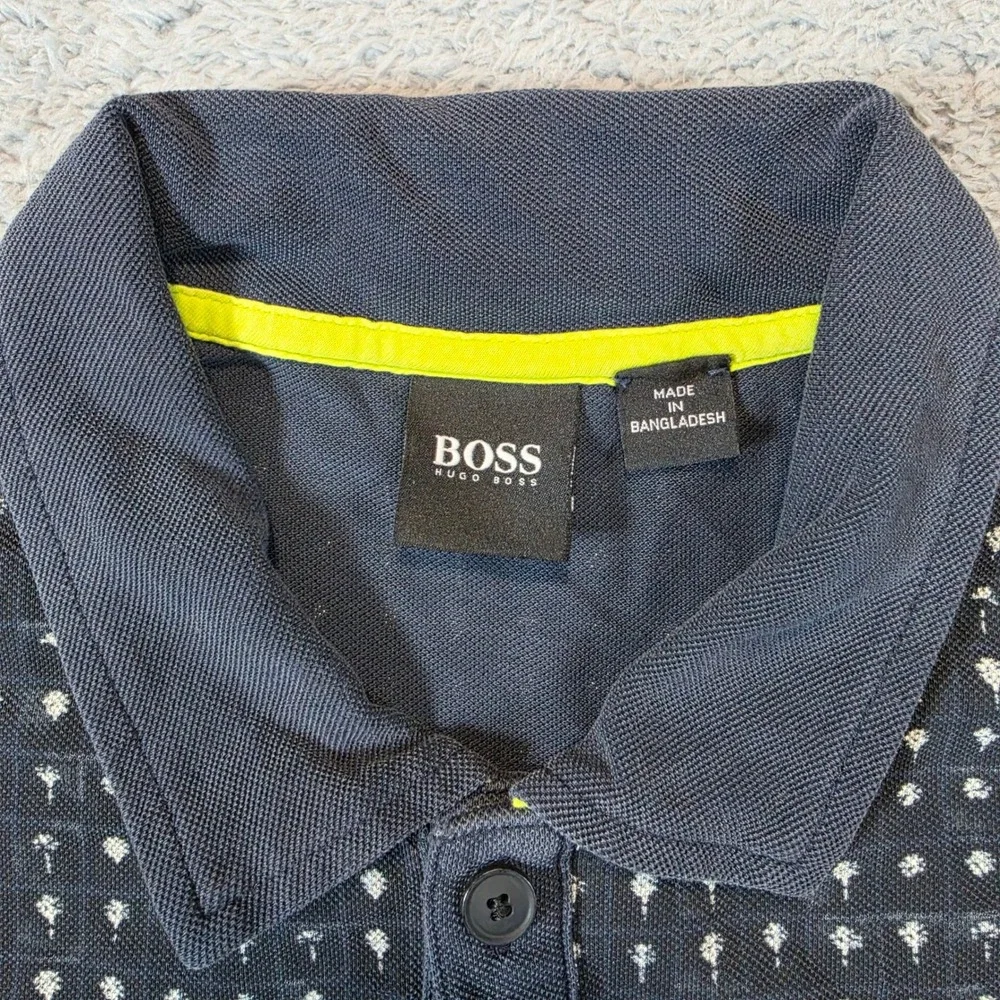 BOSS Hugo Boss Polo Shirt Mens M Navy Blue Palm Tree Print Cotton Short Sleeve